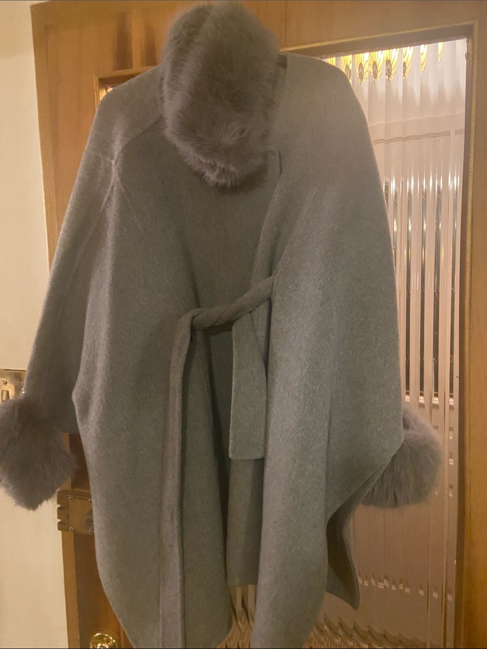 MOTF Gray Wool Cape with Faux Fur Trim and Belt
